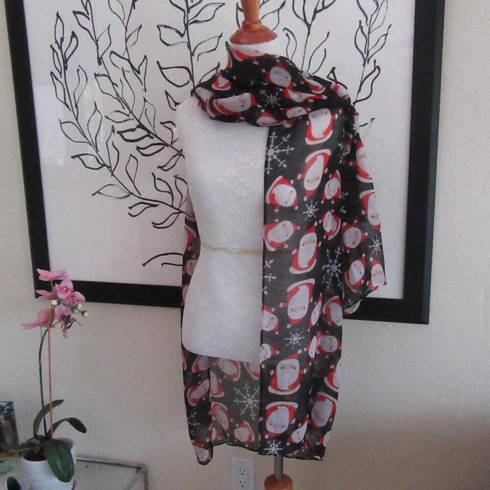 Sheer black, red and white Santa shawl scarf 70" x 34"-Christmas holiday fashion